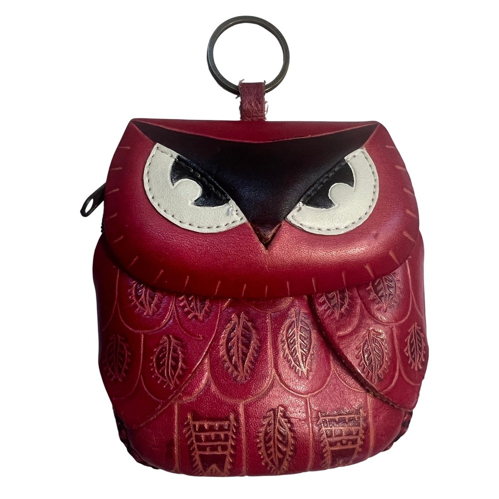 Vintage Hand Crafted Tooled Red Leather Owl Coin Pouch